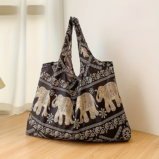 Elephant Pattern Shopping Bag, Vintage Folding Shoulder Bag, Women's Large Capacity Tote Bag