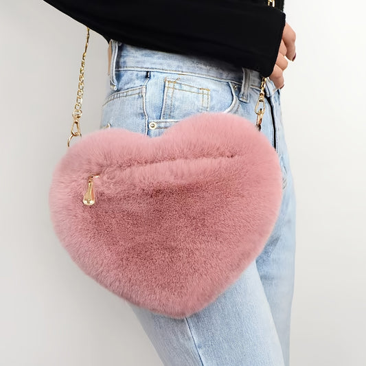 Heart Shaped Fluffy Shoulder Bag, Fashion Chain Crossbody Bag, Cute Zipper Purse For Valentine's Day