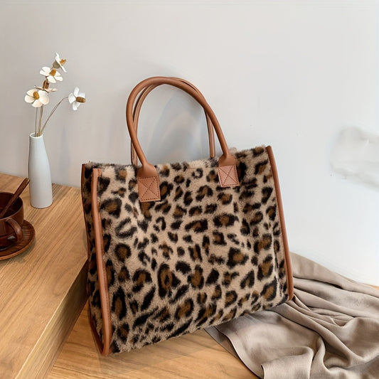 Fashion Leopard Pattern Tote Bag, Trendy Fluffy Shoulder Bag, Women's Causal Handbag & Purse